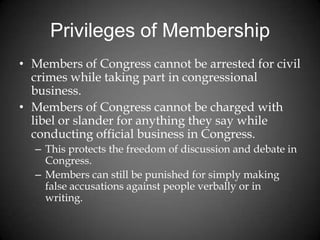 Privileges of Membership
• Members of Congress cannot be arrested for civil
crimes while taking part in congressional
business.
• Members of Congress cannot be charged with
libel or slander for anything they say while
conducting official business in Congress.
– This protects the freedom of discussion and debate in
Congress.
– Members can still be punished for simply making
false accusations against people verbally or in
writing.
 