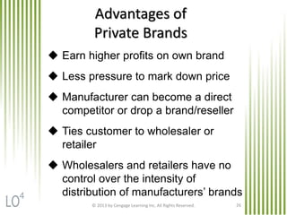 © 2013 by Cengage Learning Inc. All Rights Reserved. 26
Advantages of
Private Brands
 Earn higher profits on own brand
 Less pressure to mark down price
 Manufacturer can become a direct
competitor or drop a brand/reseller
 Ties customer to wholesaler or
retailer
 Wholesalers and retailers have no
control over the intensity of
distribution of manufacturers’ brands4
 