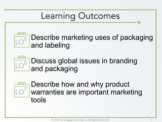 Describe marketing uses of packaging
and labeling
Discuss global issues in branding
and packaging
Describe how and why product
warranties are important marketing
tools
© 2013 by Cengage Learning Inc. All Rights Reserved. 3
7
5
6
 