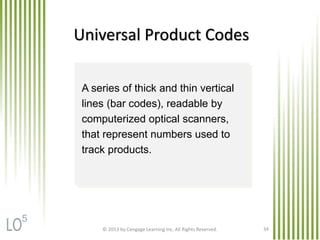© 2013 by Cengage Learning Inc. All Rights Reserved. 34
Universal Product Codes
A series of thick and thin vertical
lines (bar codes), readable by
computerized optical scanners,
that represent numbers used to
track products.
5
 