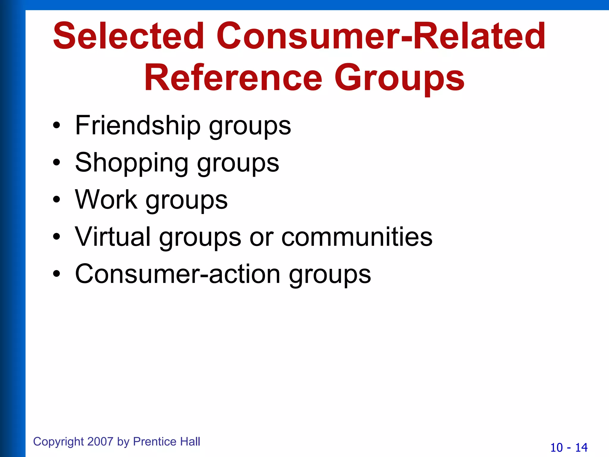 Selected Consumer-Related  Reference Groups Friendship groups Shopping groups Work groups Virtual groups or communities Consumer-action groups 