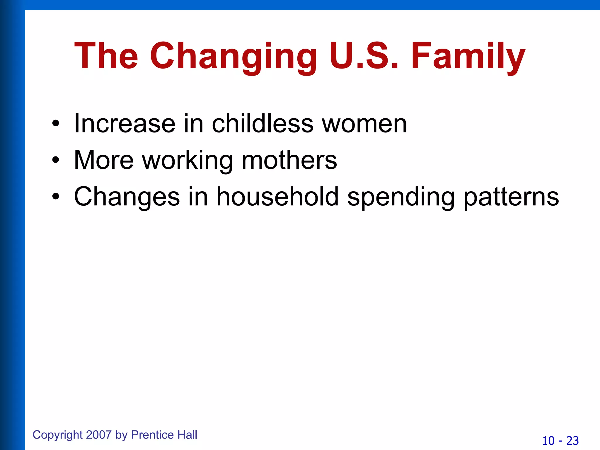 The Changing U.S. Family Increase in childless women More working mothers Changes in household spending patterns 