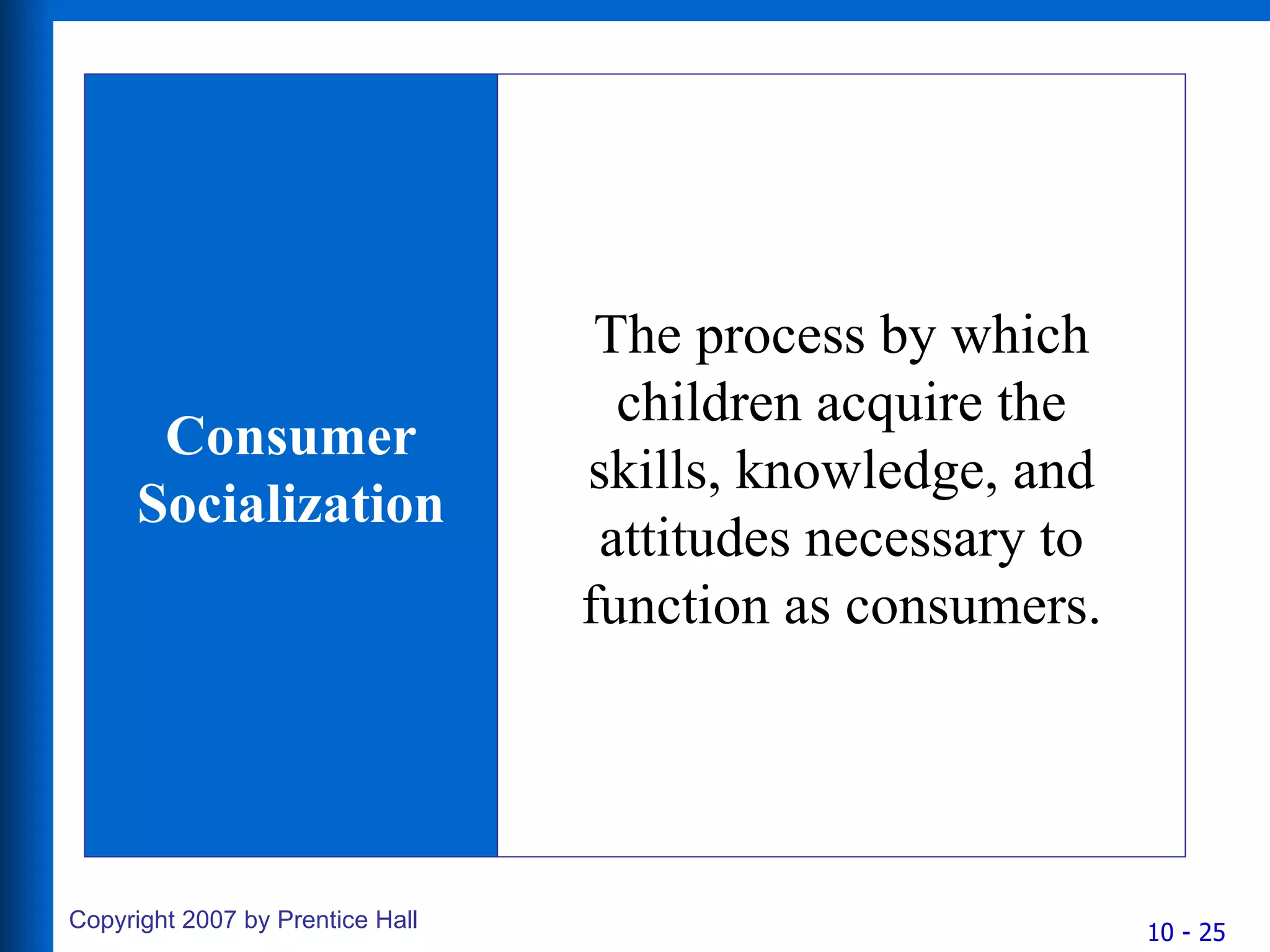 Consumer Socialization The process by which children acquire the skills, knowledge, and attitudes necessary to function as consumers. 