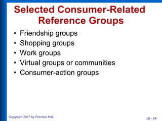 Selected Consumer-Related  Reference Groups Friendship groups Shopping groups Work groups Virtual groups or communities Consumer-action groups 
