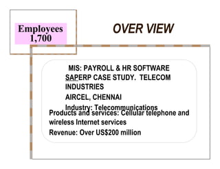 OVER VIEW  Employees  1,700  MIS: PAYROLL & HR SOFTWARE  SAP ERP CASE STUDY.  TELECOM  INDUSTRIES  AIRCEL, CHENNAI  Industry: Telecommunications  Products and services: Cellular telephone and  wireless Internet services  Revenue: Over US$200 million  
