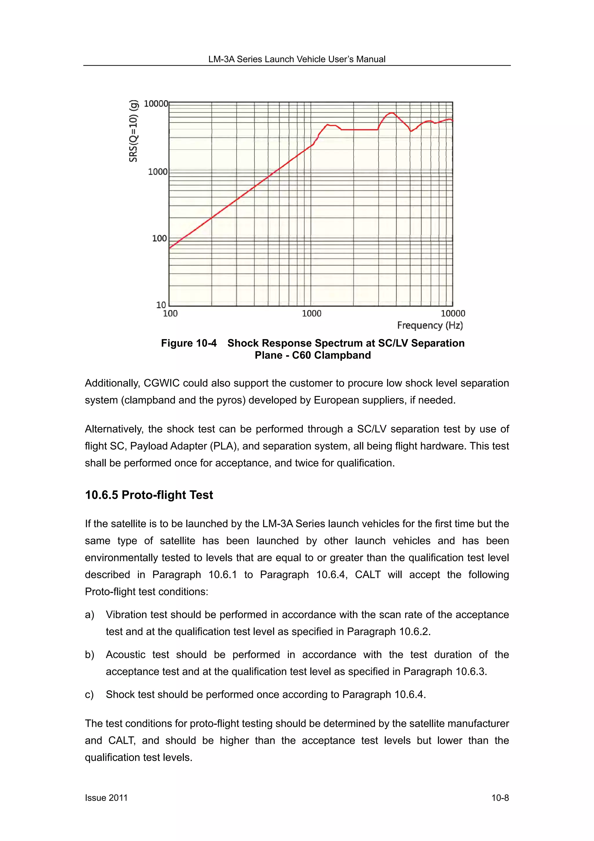 LM-3A Series Launch Vehicle User’s Manual
Issue 2011 10-8
Figure 10-4 Shock Response Spectrum at SC/LV Separation
Plane - C60 Clampband
Additionally, CGWIC could also support the customer to procure low shock level separation
system (clampband and the pyros) developed by European suppliers, if needed.
Alternatively, the shock test can be performed through a SC/LV separation test by use of
flight SC, Payload Adapter (PLA), and separation system, all being flight hardware. This test
shall be performed once for acceptance, and twice for qualification.
10.6.5 Proto-flight Test
If the satellite is to be launched by the LM-3A Series launch vehicles for the first time but the
same type of satellite has been launched by other launch vehicles and has been
environmentally tested to levels that are equal to or greater than the qualification test level
described in Paragraph 10.6.1 to Paragraph 10.6.4, CALT will accept the following
Proto-flight test conditions:
a) Vibration test should be performed in accordance with the scan rate of the acceptance
test and at the qualification test level as specified in Paragraph 10.6.2.
b) Acoustic test should be performed in accordance with the test duration of the
acceptance test and at the qualification test level as specified in Paragraph 10.6.3.
c) Shock test should be performed once according to Paragraph 10.6.4.
The test conditions for proto-flight testing should be determined by the satellite manufacturer
and CALT, and should be higher than the acceptance test levels but lower than the
qualification test levels.
 