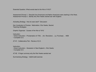 Essential Question: What events lead to the War of 1812?


Assessment Prompt 1: Describe how Americans and Native Americans were clashing in the West.
Assessment Prompt 2: Identify why War Hawks wanted war with England.


Activating Strategy: How do wars start? Discussion

Key Vocabulary to Preview: Nationalism, War Hawks, Neutral
Teaching Strategies:

Graphic Organizer: Causes of the War of 1812

Instruction:
• Direct Instruction – Proclamation of 1763. . .Am. Revolution. . .La. Purchase. . .1808
• Complete G.O.

AT #1: Collaborative Pair - Review of G.O.


Instruction:
• Direct Instruction – Secession in New England v. War Hawks
• Complete G.O.

AT #2: 5 finger summary why the War Hawks wanted war

Summarizing Strategy: Valid/invalid exercise
 