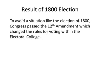 Result of 1800 Election    To avoid a situation like the election of 1800, Congress passed the 12th Amendment which changed the rules for voting within the Electoral College.