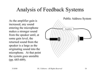 Analysis of Feedback Systems
Public Address System
5/10/04 M. J. Roberts - All Rights Reserved 18
As the amplifier gain is
increased, any sound
entering the microphone
makes a stronger sound
from the speaker until, at
some gain level, the
returned sound from the
speaker is a large as the
originating sound into the
microphone. At that point
the system goes unstable
(pp. 685-689).
 
