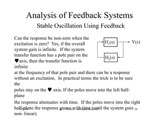 Analysis of Feedback Systems
Stable Oscillation Using Feedback
Can the response be non-zero when the
excitation is zero? Yes, if the overall
system gain is infinite. If the system
transfer function has a pole pair on the
axis, then the transfer function is
infinite
at the frequency of that pole pair and there can be a response
without an excitation. In practical terms the trick is to be sure
the
poles stay on the  axis. If the poles move into the left half-
plane
the response attenuates with time. If the poles move into the right
half-plane the response grows with time (until the system goes
non- linear).
5/10/04 M. J. Roberts - All Rights Reserved 20
 