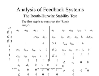 Analysis of Feedback Systems
The Routh-Hurwitz Stability Test
The first step is to construct the “Routh
array”.
D
D  1
D  2
D  3
⁝
2
1
0
5/10/04 M. J. Roberts - All Rights Reserved 26
aD aD2 aD 4 L a0
D aD1 aD 3 aD5
L 0 D  1
bD2 bD 4 bD6 L 0 D  2
cD 3 cD5 cD 7 L 0 D  3
⁝ ⁝ ⁝ ⁝ ⁝ ⁝
d2 d0 0 0 0 2
e1 0 0 0 0 1
f0 0 0 0 0 0
aD aD2 aD 4 L a1
aD1 aD 3 aD5 L a0 bD2
bD 4 bD6 L 0
cD 3 cD5 cD 7 L 0
⁝ ⁝ ⁝ ⁝
⁝
d2 d0 0 0
0
e1 0 0 0
0
 