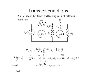 Transfer Functions
A circuit can be described by a system of differential
equations
g
1 1
1
2 

R i t   L  d
i t  
d
i t   v t 
L
5/10/04 M. J. Roberts - All Rights Reserved 3

d

d
d
dt c
t
2
i t   1 2 2 2
1
i t 
dt
dt



   t   0

0
C

i d  v 0  R i
 