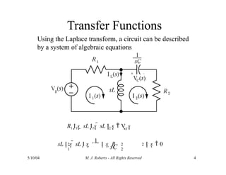 Transfer Functions
Using the Laplace transform, a circuit can be described
by a system of algebraic equations
5/10/04 M. J. Roberts - All Rights Reserved 4
R1 I1s  sL I1s  sL I2 s  Vg s
sC
2
1
2 2
2
sL I s  sL I s 
1
I s  R I s  0
 