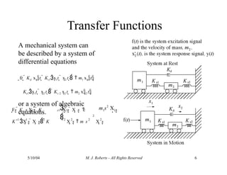 A mechanical system can
be described by a system of
differential equations
ft   Kd x1t   Ks1x1t   x2 t   m1 x1t
Ks1x1t   x2 t   Ks 2 x2 t   m2 x2 t
or a system of algebraic
equations.
5/10/04 M. J. Roberts - All Rights Reserved 6
m s X


Fs  K s X s  K X s  X s  s
K X s  X s  K X s  m s X s
d 1 s1
2
1 2 1 1
s1 1 2 s 2 2
2
2 2
Transfer Functions
 
