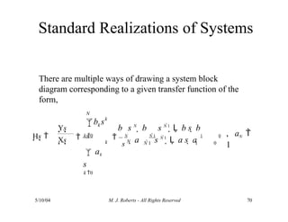 Standard Realizations of Systems
There are multiple ways of drawing a system block
diagram corresponding to a given transfer function of the
form,
Hs 
5/10/04 M. J. Roberts - All Rights Reserved 70
Ys
Xs
, aN 
1
b s
k
k
N
k
N
s N
b s N
 b

ak
s
k 0
 k 0  N N 1 1 0
N 1 1 0
s N 1
L b s  b
 a s N 1
L a s  a
 