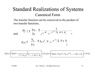 Standard Realizations of Systems
Canonical Form
The transfer function can be conceived as the product of
two transfer functions,
and
1
H s 1
Y s
Xs
1
s N N 1
 a s N 1
L a s  a
1 0
   
Y
2
H s 
1
s
Y s
N
N
 b s  b N 1
s N 1
L b s  b
1
0
5/10/04 M. J. Roberts - All Rights Reserved 71
 