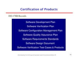 Certification of Products

DO-178B Records

                              Software Development Plan
                                  Software Verification Plan
         Software Configuration Management Plan
                       Software Quality Assurance Plan
                    Software Requirements Standards
                              Software Design Document
       Software Verification Test Cases & Products

       Software Engineering (3rd ed.), By K.K Aggarwal & Yogesh Singh, Copyright © New Age International Publishers, 2007   11
 