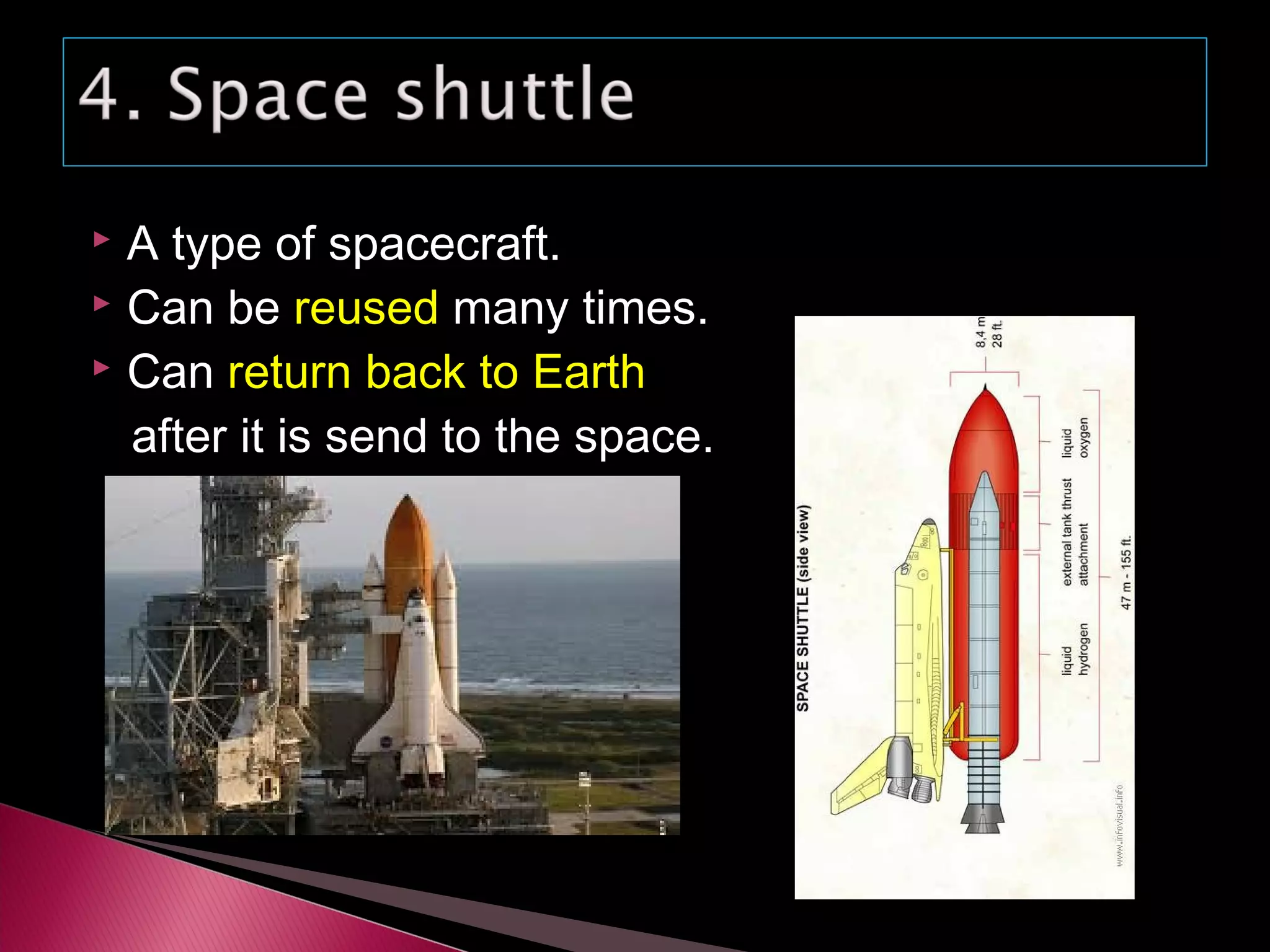  A type of spacecraft.
 Can be reused many times.
 Can return back to Earth
after it is send to the space.
 