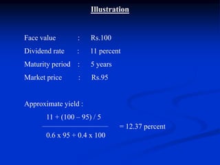 Illustration
Face value : Rs.100
Dividend rate : 11 percent
Maturity period : 5 years
Market price : Rs.95
Approximate yield :
11 + (100 – 95) / 5
= 12.37 percent
0.6 x 95 + 0.4 x 100
 