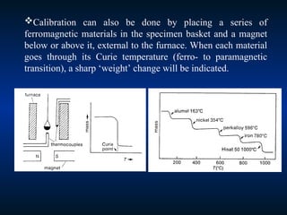 Calibration can also be done by placing a series of
ferromagnetic materials in the specimen basket and a magnet
below or above it, external to the furnace. When each material
goes through its Curie temperature (ferro- to paramagnetic
transition), a sharp ‘weight’ change will be indicated.
 