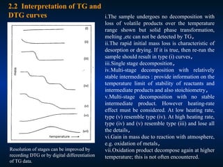 2.2 Interpretation of TG and
DTG curves i.The sample undergoes no decomposition with
loss of volatile products over the temperature
range shown but solid phase transformation,
melting ,etc can not be detected by TG,
ii.The rapid initial mass loss is characteristic of
desorption or drying. If it is true, then re-run the
sample should result in type (i) curves,
iii.Single stage decomposition,
iv.Multi-stage decomposition with relatively
stable intermediates : provide information on the
temperature limit of stability of reactants and
intermediate products and also stoichiometry,
v.Multi-stage decomposition with no stable
intermediate product. However heating-rate
effect must be considered. At low heating rate,
type (v) resemble type (iv). At high heating rate,
type (iv) and (v) resemble type (iii) and lose all
the details,
vi.Gain in mass due to reaction with atmosphere,
e.g. oxidation of metals,
vii.Oxidation product decompose again at higher
temperature; this is not often encountered.
Resolution of stages can be improved by
recording DTG or by digital differentiation
of TG data.
 