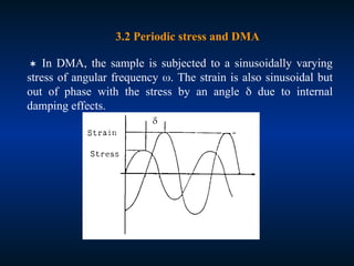  In DMA, the sample is subjected to a sinusoidally varying
stress of angular frequency . The strain is also sinusoidal but
out of phase with the stress by an angle  due to internal
damping effects.
3.2 Periodic stress and DMA
 