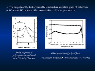  The outputs of the test are usually temperature variation plots of either tan
, G and/or G or some other combinations of these parameters.
DMA response of
polystyrene cross-linked
with 2% divinyl benzene
DMA spectrum of polysulfone.
o : storage_modulus;  : loss-modulus. (Tg
480K)
 