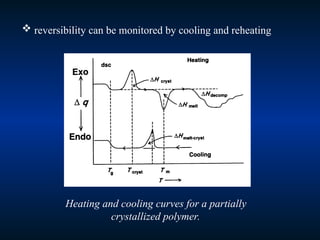  reversibility can be monitored by cooling and reheating
Heating and cooling curves for a partially
crystallized polymer.
 
