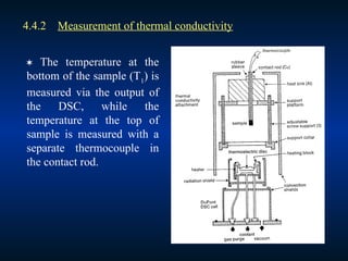 4.4.2 Measurement of thermal conductivity
 The temperature at the
bottom of the sample (T1
) is
measured via the output of
the DSC, while the
temperature at the top of
sample is measured with a
separate thermocouple in
the contact rod.
 