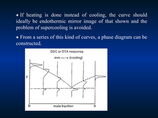  If heating is done instead of cooling, the curve should
ideally be endothermic mirror image of that shown and the
problem of supercooling is avoided.
 From a series of this kind of curves, a phase diagram can be
constructed.
 
