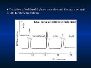  Detection of solid-solid phase transition and the measurement
of H for these transitions
DSC curve of carbon tetrachloride
 