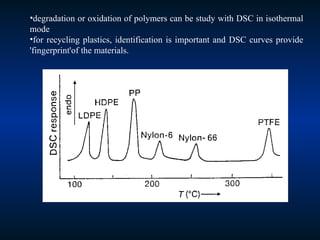•degradation or oxidation of polymers can be study with DSC in isothermal
mode
•for recycling plastics, identification is important and DSC curves provide
'fingerprint'of the materials.
 
