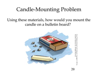 20
Using these materials, how would you mount the
candle on a bulletin board?
Candle-Mounting Problem
From“ProblemSolving”byM.Scheerer.Copyright©1963by
ScientificAmerican,Inc.AllRightsReserved.
 