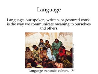 37
Language
Language, our spoken, written, or gestured work,
is the way we communicate meaning to ourselves
and others.
Language transmits culture.
M.&E.Bernheim/WoodfinCamp&Associates
 