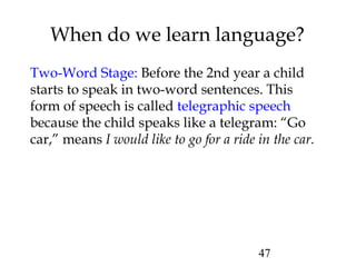 47
When do we learn language?
Two-Word Stage: Before the 2nd year a child
starts to speak in two-word sentences. This
form of speech is called telegraphic speech
because the child speaks like a telegram: “Go
car,” means I would like to go for a ride in the car.
 