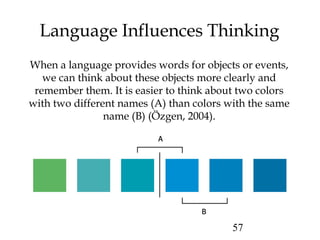 57
Language Influences Thinking
When a language provides words for objects or events,
we can think about these objects more clearly and
remember them. It is easier to think about two colors
with two different names (A) than colors with the same
name (B) (Özgen, 2004).
 