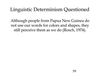 59
Linguistic Determinism Questioned
Although people from Papua New Guinea do
not use our words for colors and shapes, they
still perceive them as we do (Rosch, 1974).
 