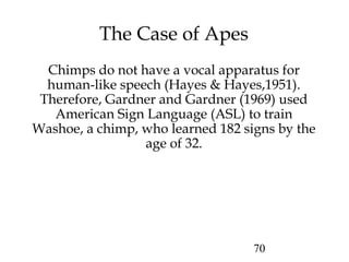 70
The Case of Apes
Chimps do not have a vocal apparatus for
human-like speech (Hayes & Hayes,1951).
Therefore, Gardner and Gardner (1969) used
American Sign Language (ASL) to train
Washoe, a chimp, who learned 182 signs by the
age of 32.
 