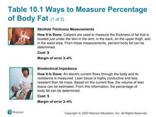 Copyright © 2023 Pearson Education, Inc. All Rights Reserved
Table 10.1 Ways to Measure Percentage
of Body Fat (1 of 3)
Skinfold Thickness Measurements
How It Is Done: Calipers are used to measure the thickness of fat that is
located just under the skin in the arm, in the back, on the upper thigh, and
in the waist area. From these measurements, percent body fat can be
determined.
Cost: $
Margin of error 3–4%
Bioelectrical Impedance
How It Is Done: An electric current flows through the body and its
resistance is measured. Lean tissue is highly conductive and less
resistant than fat mass. Based on the current flow, the volume of lean
tissue can be estimated. From this information, the percentage of
body fat can be determined.
Cost: $
Margin of error 3–4%
 