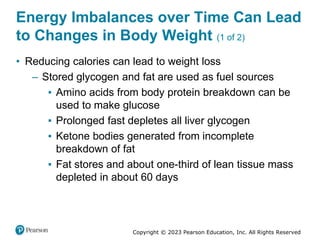 Copyright © 2023 Pearson Education, Inc. All Rights Reserved
Energy Imbalances over Time Can Lead
to Changes in Body Weight (1 of 2)
• Reducing calories can lead to weight loss
– Stored glycogen and fat are used as fuel sources
▪ Amino acids from body protein breakdown can be
used to make glucose
▪ Prolonged fast depletes all liver glycogen
▪ Ketone bodies generated from incomplete
breakdown of fat
▪ Fat stores and about one-third of lean tissue mass
depleted in about 60 days
 