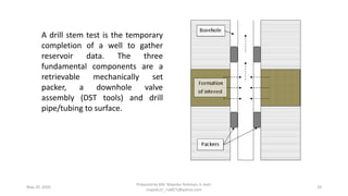 May 29, 2020
Prepared by Md. Majedur Rahman, E-mail:
majedu1r_ru6871@yahoo.com
29
A drill stem test is the temporary
completion of a well to gather
reservoir data. The three
fundamental components are a
retrievable mechanically set
packer, a downhole valve
assembly (DST tools) and drill
pipe/tubing to surface.
 