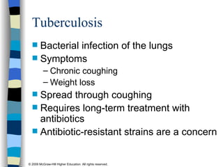 Tuberculosis Bacterial infection of the lungs Symptoms Chronic coughing Weight loss Spread through coughing Requires long-term treatment with antibiotics Antibiotic-resistant strains are a concern 