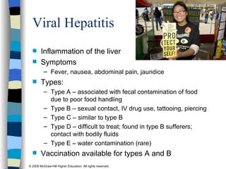 Viral Hepatitis Inflammation of the liver Symptoms Fever, nausea, abdominal pain, jaundice Types:  Type A – associated with fecal contamination of food due to poor food handling Type B – sexual contact, IV drug use, tattooing, piercing Type C – similar to type B Type D – difficult to treat; found in type B sufferers; contact with bodily fluids Type E – water contamination (rare) Vaccination available for types A and B 
