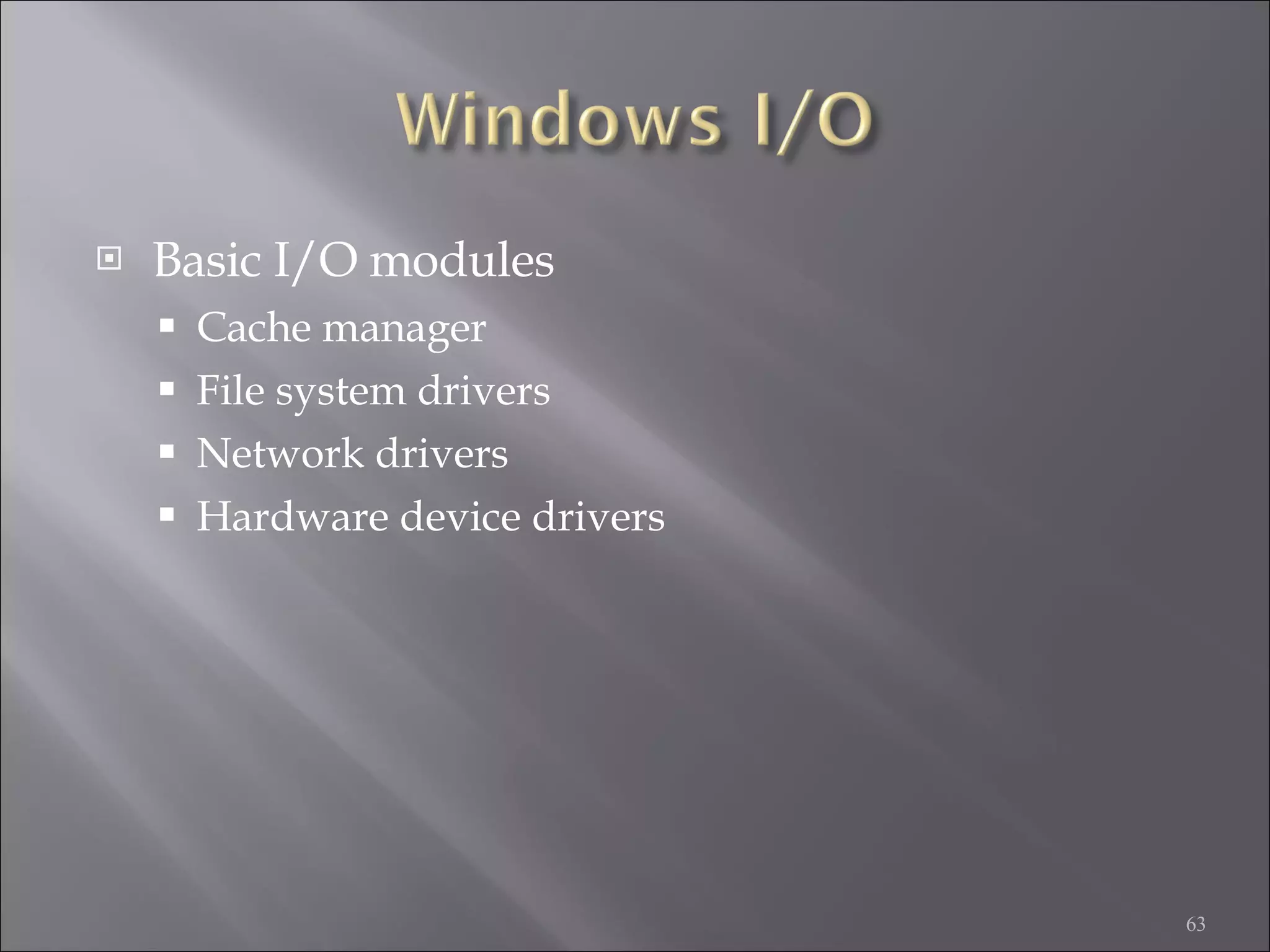 Basic I/O modules Cache manager File system drivers Network drivers Hardware device drivers 