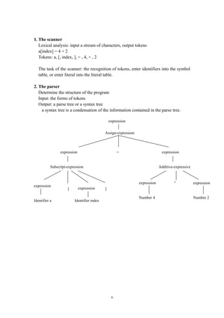 1. The scanner
   Lexical analysis: input a stream of characters, output tokens
   a[index] = 4 + 2
   Tokens: a, [, index, ], = , 4, + , 2

   The task of the scanner: the recognition of tokens, enter identifiers into the symbol
   table, or enter literal into the literal table.

2. The parser
   Determine the structure of the program
   Input: the forms of tokens
   Output: a parse tree or a syntax tree
     a syntax tree is a condensation of the information contained in the parse tree.

                                                expression

                                            Assign-expression



                 expression                          =                         expression


           Subscript-expression                                              Additive-expressive



                                                                expression            +            expression
expression
                     [        expression    ]

                                                                Number 4                           Number 2
Identifier a             Identifier index




                                                 6
 