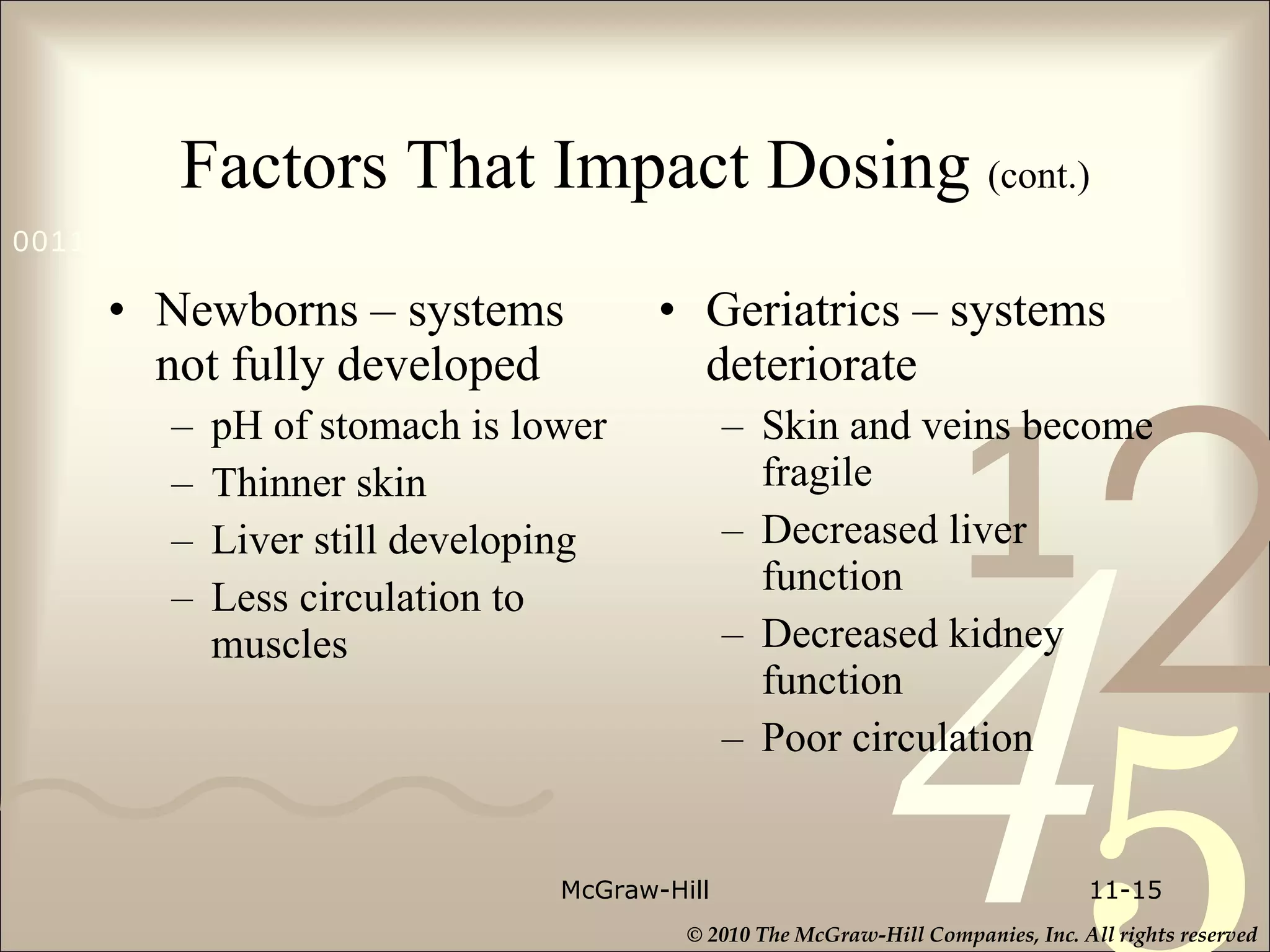 Factors That Impact Dosing  (cont.) Newborns – systems not fully developed  pH of stomach is lower Thinner skin Liver still developing Less circulation to muscles Geriatrics – systems deteriorate Skin and veins become fragile Decreased liver function Decreased kidney function Poor circulation McGraw-Hill 11- 