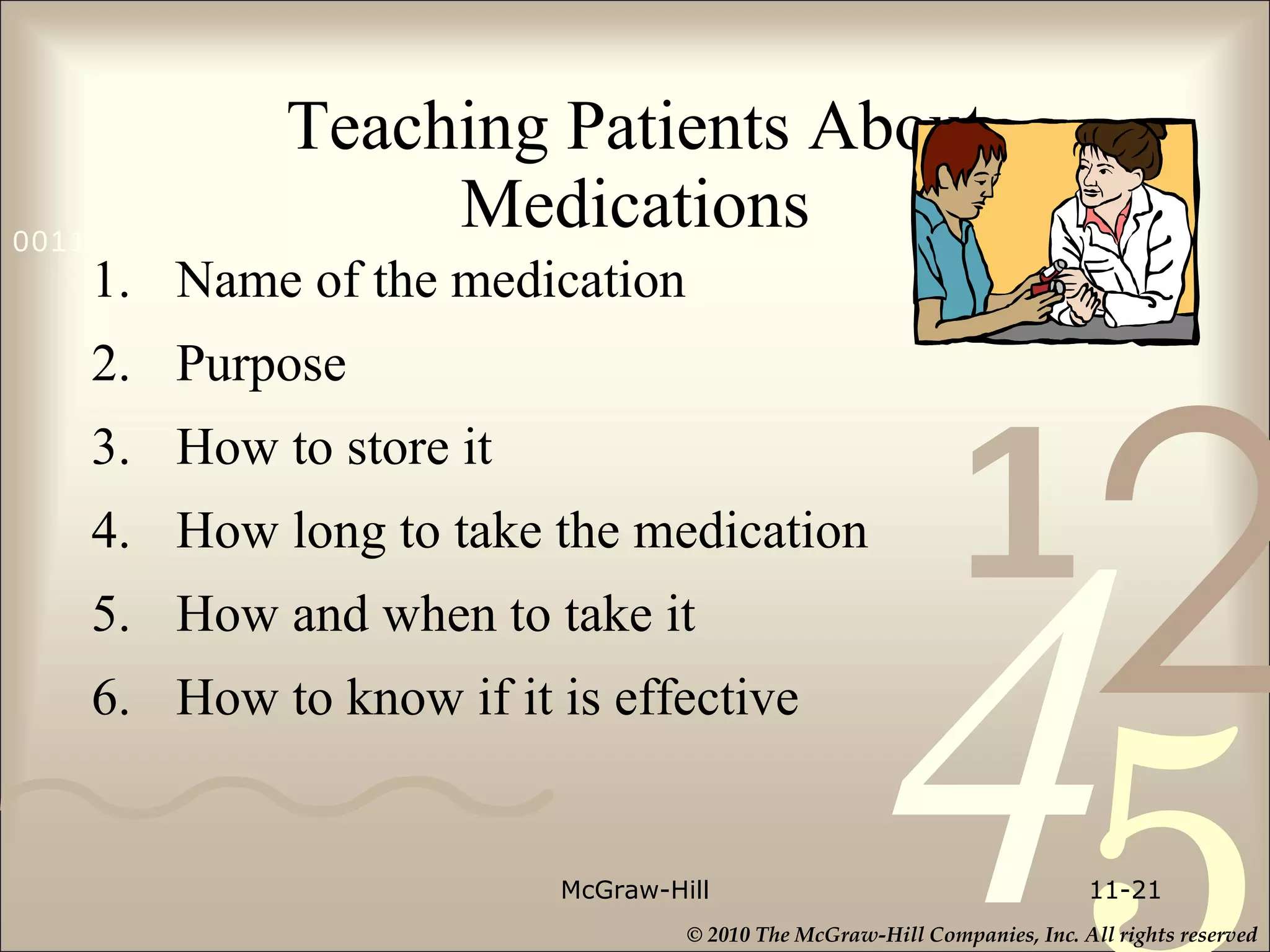 Teaching Patients About Medications 1. Name of the medication 2. Purpose 3. How to store it 4. How long to take the medication 5. How and when to take it  6. How to know if it is effective McGraw-Hill 11- 