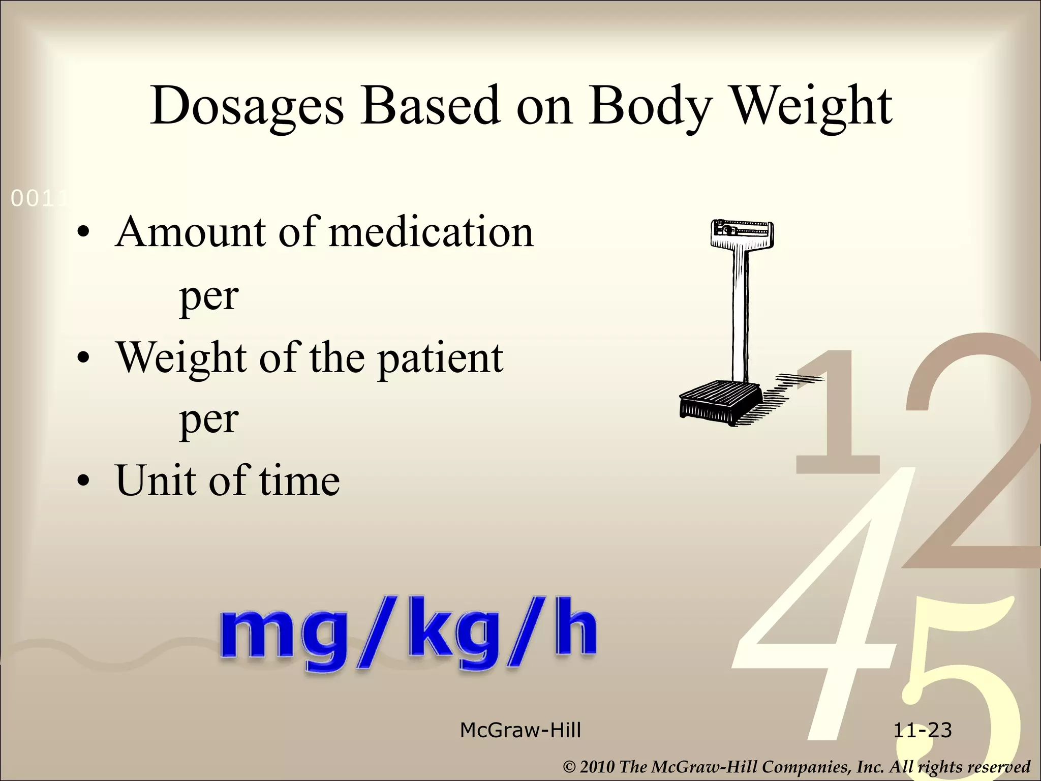 Dosages Based on Body Weight Amount of medication  per Weight of the patient  per   Unit of time McGraw-Hill 11- 