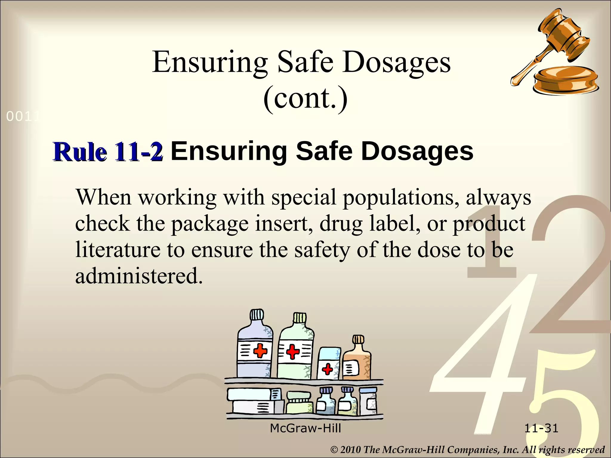 Ensuring Safe Dosages  (cont.) Rule 11-2   Ensuring Safe Dosages When working with special populations, always check the package insert, drug label, or product literature to ensure the safety of the dose to be administered. McGraw-Hill 11- 