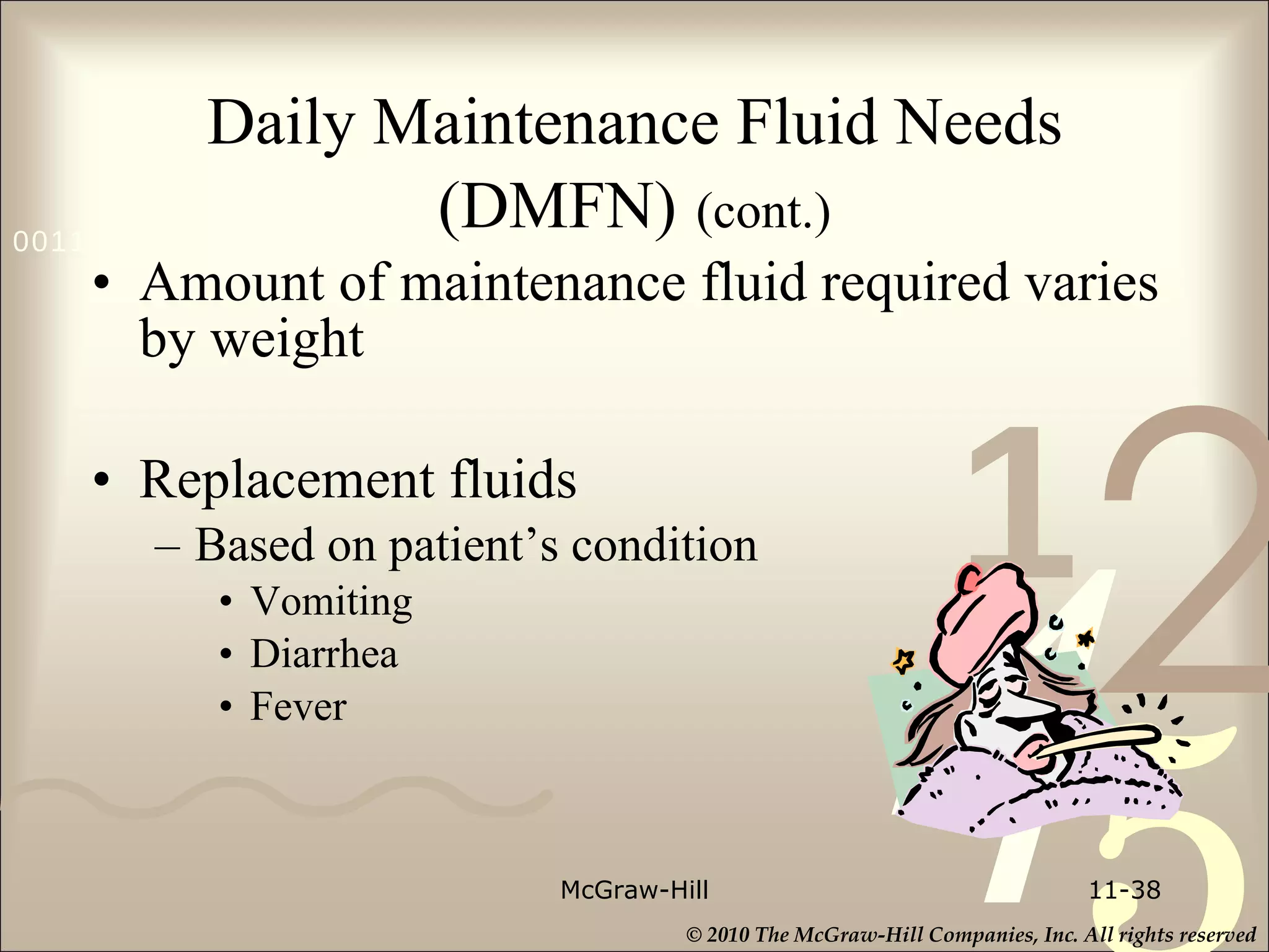 Daily Maintenance Fluid Needs (DMFN)   (cont.) Amount of maintenance fluid required varies by weight Replacement fluids Based on patient’s condition Vomiting Diarrhea Fever  McGraw-Hill 11- 